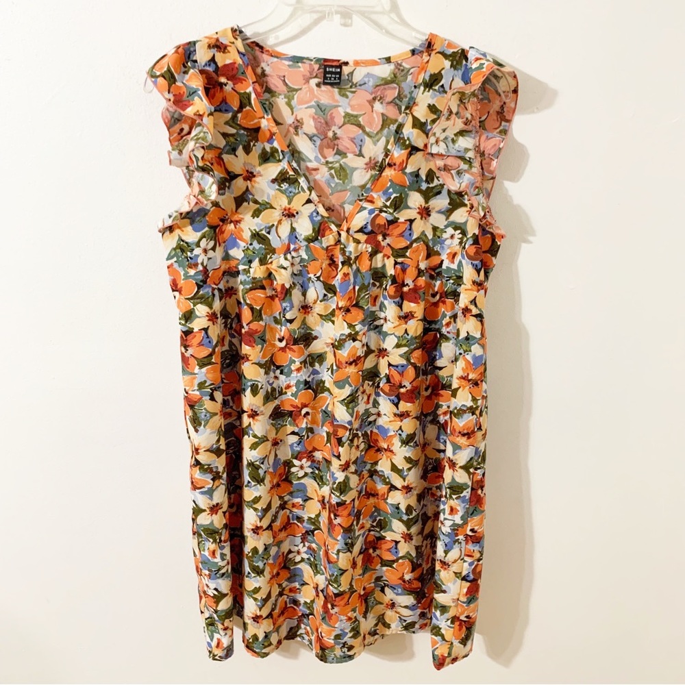 Shein Floral V-neck Mini Swing Dress Ruffled Mini Sleeves Empire Waist 🟠🔵🟢